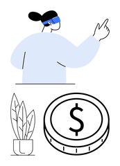 Woman using VR headset gestures to interact with virtual space, dollar coin below, plant in pot nearby. Ideal for tech innovation, finance, virtual reality concepts, digital interaction, modern