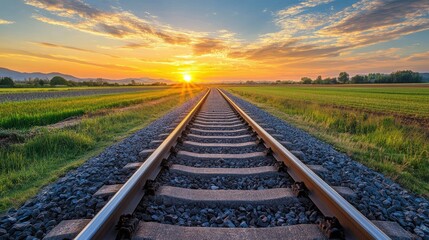 Fototapeta premium Sunrise aerial shot of farmland divided by a railroad track stretching toward the horizon.