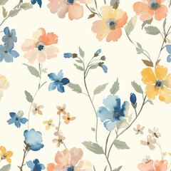 Cute floral pattern with delicate pastel flowers watercolor floral seamless pattern. Watercolor print in rustic vintage style, textile or wallpapers.