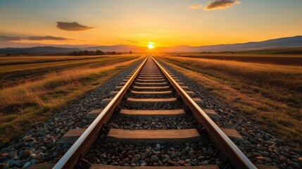Fototapeta premium Sunrise aerial shot of farmland divided by a railroad track stretching toward the horizon.