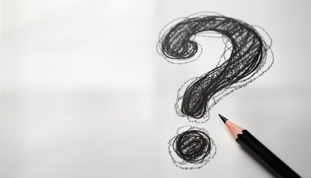Close-up pencil sketch of question mark on white paper. Hand-drawn symbol represents question problem. Creative concept idea. Sketch suggests search for solutions answers. Art illustration, design