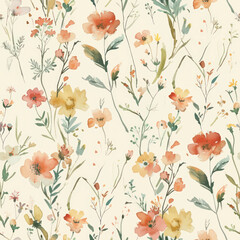 Cute  floral pattern, muted pastel peach and green tones on a cream background watercolor floral seamless pattern. Watercolor print in rustic vintage style, textile or wallpapers.
