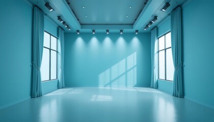 Fototapeta premium Empty Turquoise Room With Windows and Track Lighting