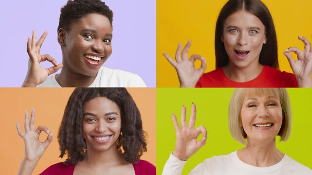 Four individuals express happiness and connection by making the 'OK' gesture against colorful backgrounds. Their diverse backgrounds and emotions highlight unity and positivity.