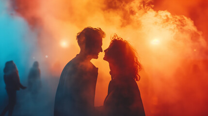 Young couple in silhouette dancing romantically against vibrant orange and blue smoky background