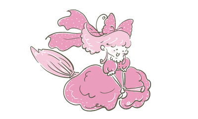 魔法のほうきで空を飛ぶ魔女の女の子
