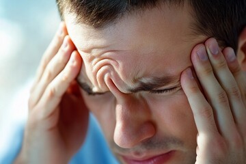 Fototapeta premium Close-up of a man experiencing intense headache pain, holding his temples in discomfort