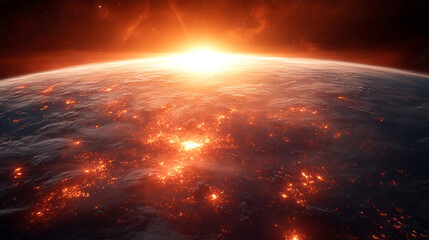 Minimalistic depiction of space with a close view of Earth and the Sun exploding in a bright tone modern aesthetic blurred elements and empty blank space with room for caption on the side

