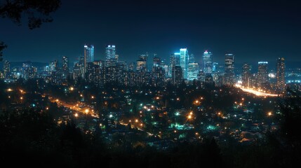 Night cityscape panorama, illuminated skyscrapers and city lights.