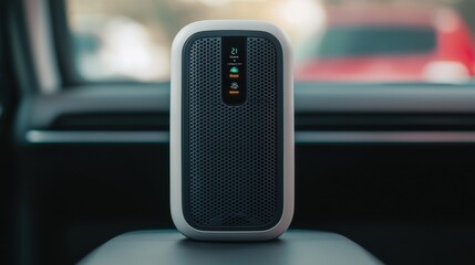 Obraz premium PM2.5 protect concept. Compact Portable Air Purifier Device in Modern Car Interior Dashboard