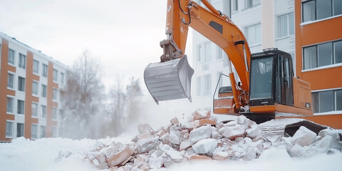 Excavator clearing snow-covered construction debris