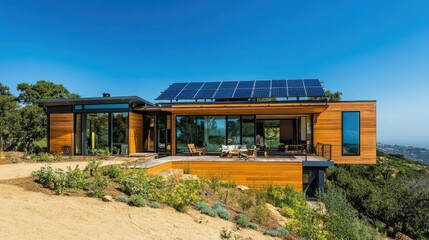 Obraz premium Wide-angle shot of solar panels integrated into a modern eco-friendly home, with the blue sky in the background