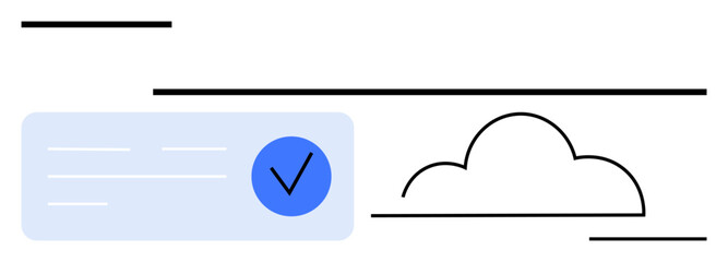 Blue checkmark within a light blue rectangle next to cloud icon, surrounded by abstract parallel black lines. Ideal for cloud computing, verification, approval, clarity, simplicity, modern design
