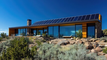 Fototapeta premium Wide-angle shot of solar panels integrated into a modern eco-friendly home, with the blue sky in the background