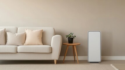 PM2.5 protect concept. Modern and Minimalist Living Room with Air Purifier and Decor