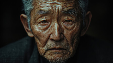 Fototapeta premium close up portrait of elderly man with deep wrinkles and expressive eyes, conveying sense of wisdom and experience. lighting highlights textures of his skin and emotions in his gaze
