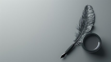 Antique feather pen on gray wall background. Retro style photo