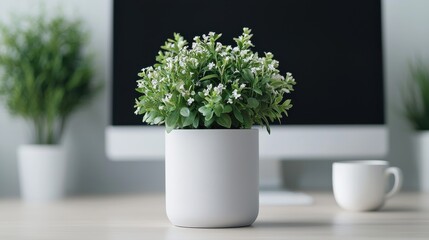 Fototapeta premium PM2.5 protect concept. Potted Plant on Desk in Minimalist Workspace with Monitors