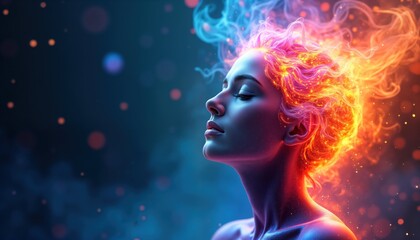 Woman in meditative trance. Abstract portrait with glowing fiery hair. Energetic, spiritual. Conceptual art style. Focus on introspection, well-being. Cosmic energy flows. Creative exploration of