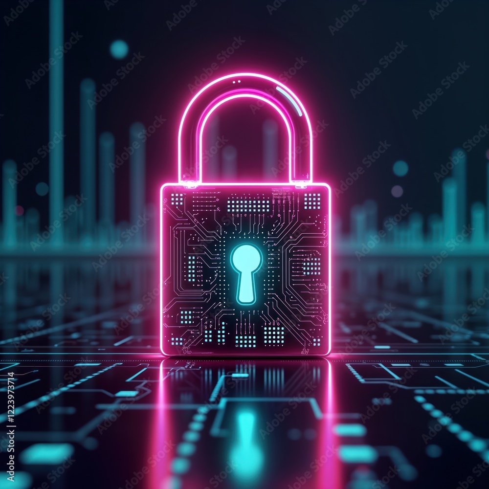 Poster Digital padlock with circuit board design. Secure tech concept. Neon lights highlight tech details. Abstract illustration. Cyber security theme. Modern tech protection. Encryption, access control.