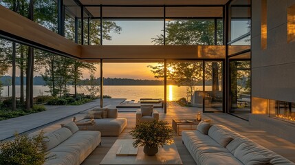 Inviting Living Room Decorated in Warm Tones with Cozy Furniture Overlooking Tranquil Water View Through Large Windows Creating a Peaceful and Relaxing Atmosphere Perfect for Leisure Time