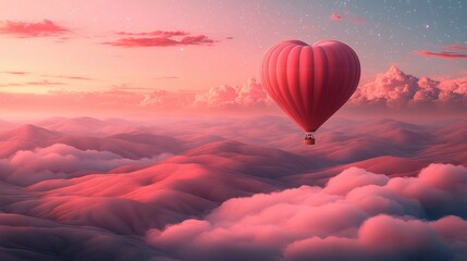 Fototapeta premium Romantic Heart-Shaped Hot Air Balloon Above Serene Pink Landscape