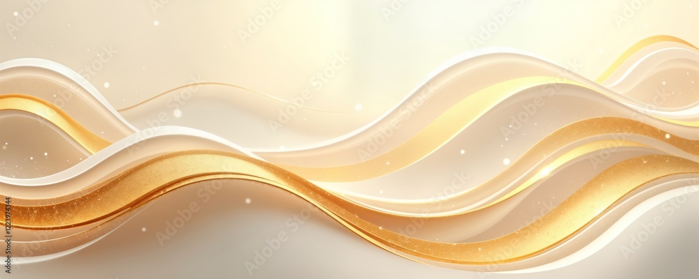 Poster Luxury background design with golden lines, waves. Light beige background features light gold, white colors. Smooth curves create sophisticated look. Elegant design suitable for various projects.
