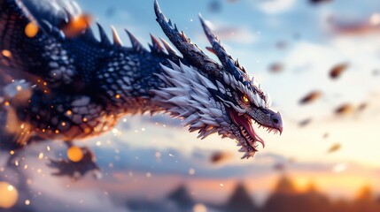Majestic dragon soaring sunset, fantasy battle, sparks