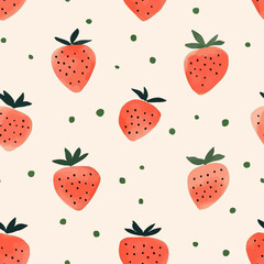 Cute Red Strawberries with Green Dots in Playful Seamless Pattern for Fruit-Themed T-Shirt Print
