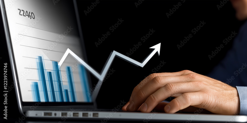 Poster businessman working on laptop with growing chart and arrow pointing up