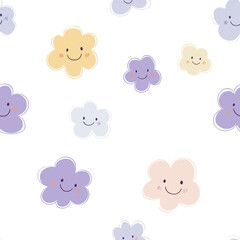 Fototapeta premium Cute Pastel Flower Faces in Seamless Pattern for Sweet and Cheerful T-Shirt Background 