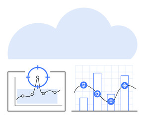 Data graphs with line charts and bar graphs combined with cloud icon. Ideal for analytics, performance, security, cloud computing, data tracking, tech growth, abstract line flat metaphor