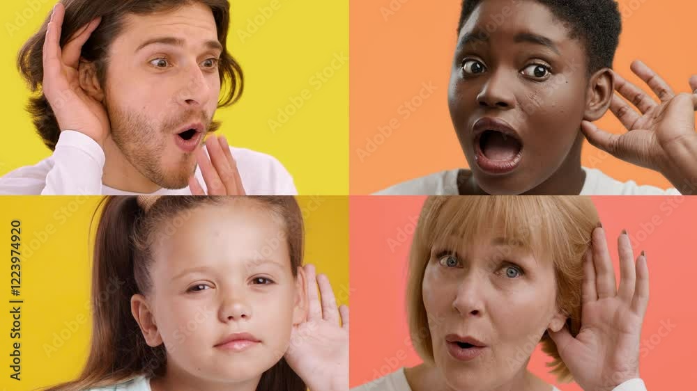 Poster a collection of four individuals with diverse backgrounds displaying joyful emotions. they are makin