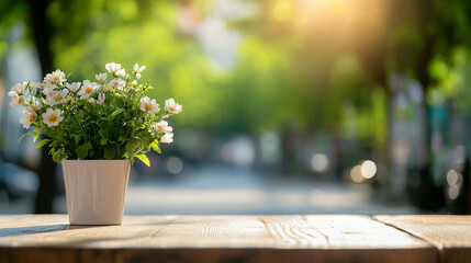 beautiful potted flower arrangement on wooden table, surrounded by vibrant green background, captures essence of nature and tranquility in urban setting