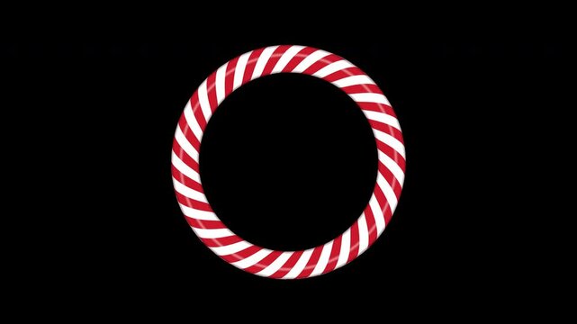 Candy cane frame animation with red and white striped. Circle frame with striped candy lollipop pattern. Transparent background with alpha channel
