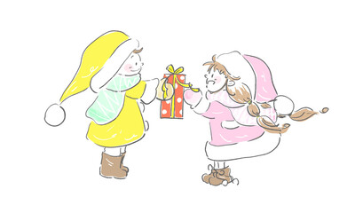 プレゼントを渡すサンタ服の男の子と女の子
