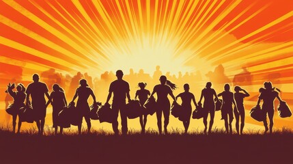 Fototapeta premium Dynamic Comic Splash Page Featuring Volunteers Carrying Trash Sacks Against a Bold Midday Sky with Rays of Color Emanating Brightly in a Standard Layout Format