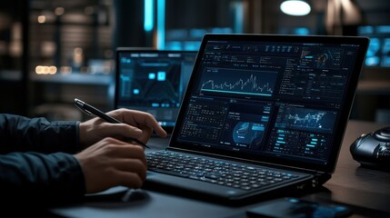 Financial Analyst Conducting In-Depth Review of Dynamic Graphs on Modern Laptop with Elegant Workspace in Soft Artificial Lighting