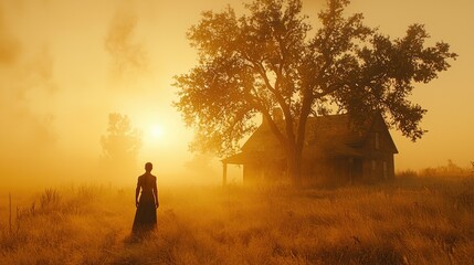 Woman Walks Towards Abandoned House Sunrise Mist