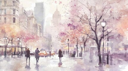Obraz premium Gentle Pastel Watercolor Illustration of Towering Skyscrapers Framed by a Bustling Street Scene with Moody Atmosphere and Soft Colors