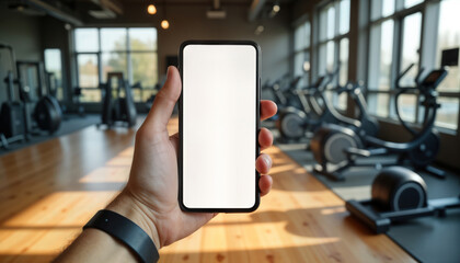 Person holds blank white mobile phone. Modern gym interior with fitness machines in background. Sunlight streams into space. Perfect for tech mockup design. Focus on hand holding device. Blank screen