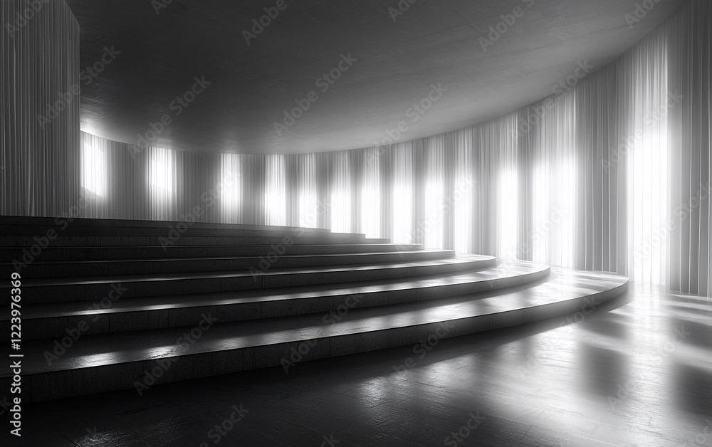 Aufkleber Monochrome amphitheater with curved seating and sheer curtains, illuminated by soft light.