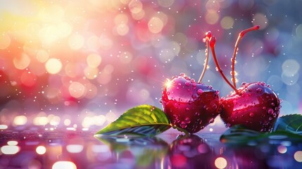 Fototapeta premium juicy fresh red cherry fruit with sparkling water drops in light and beautiful bokeh created