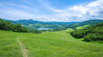 Obraz premium Hilltop lake view, summer landscape, green hills, path