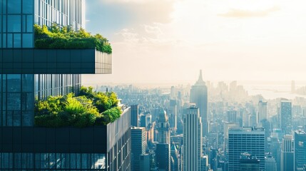 Modern Urban Skyline with Green Balconies Offering a Scenic View of New York City, Featuring Iconic Landmarks and Lush Greenery in Bright Daylight