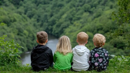 Children enjoying scenic river valley view, summer adventure, nature exploration, family fun