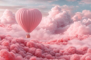 Fototapeta premium Heart-Shaped Hot Air Balloon Floating Above Fluffy Pink Clouds