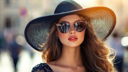 Fototapeta premium A fashionable girl with a floppy hat, walking down a city street on a sunny day.