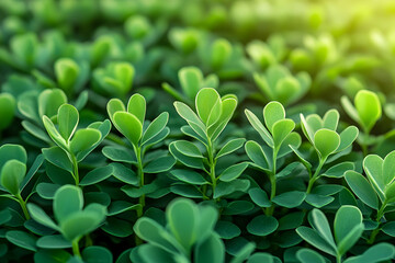 Obraz premium Lush green leaves, sunlight, garden, nature backdrop