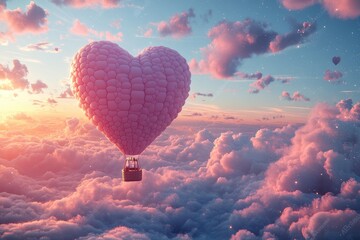 Fototapeta premium Heart-Shaped Hot Air Balloon Floating Among Soft Pink Clouds